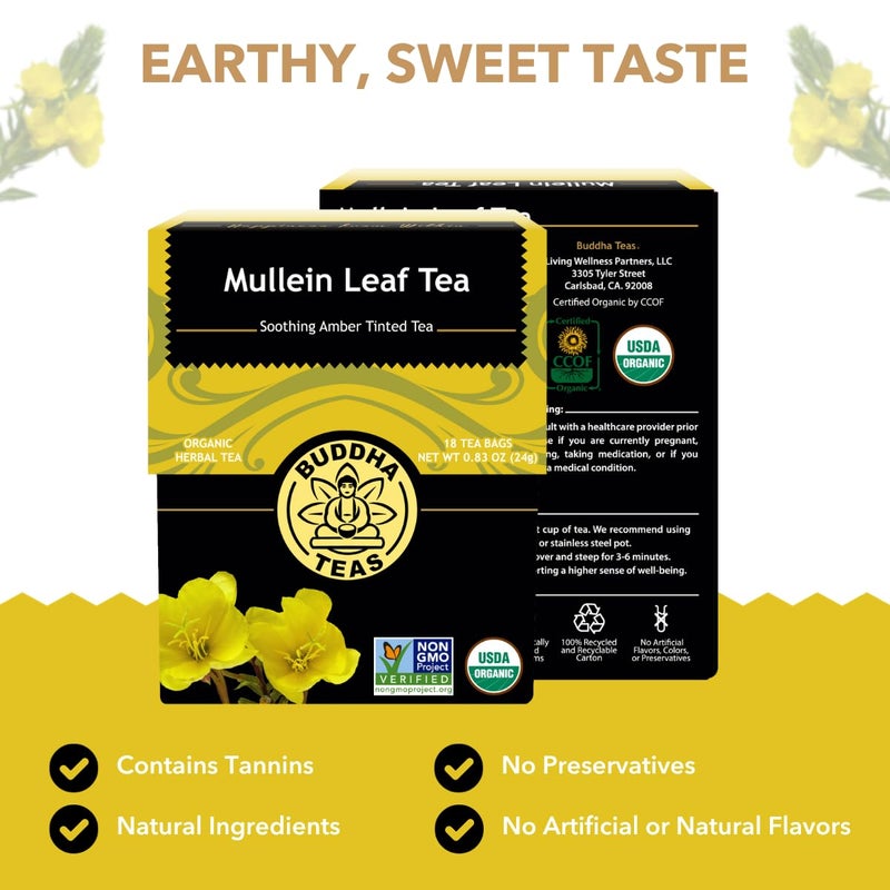 Buddha Teas - Mullein Leaf - Organic Herbal Tea - For Health & Wellbeing - With Antioxidants, Minerals & Vitamin C - Caffeine Free - 100% Kosher & Non-GMO - 18 Tea Bags (Pack of 1) - Image 2